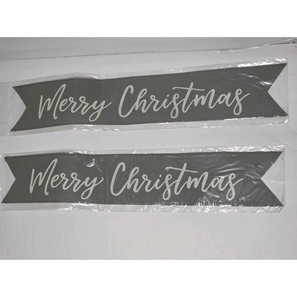 Merry Christmas Banner Gray White Glitter 4x24 Tree Decoration 2 Pc